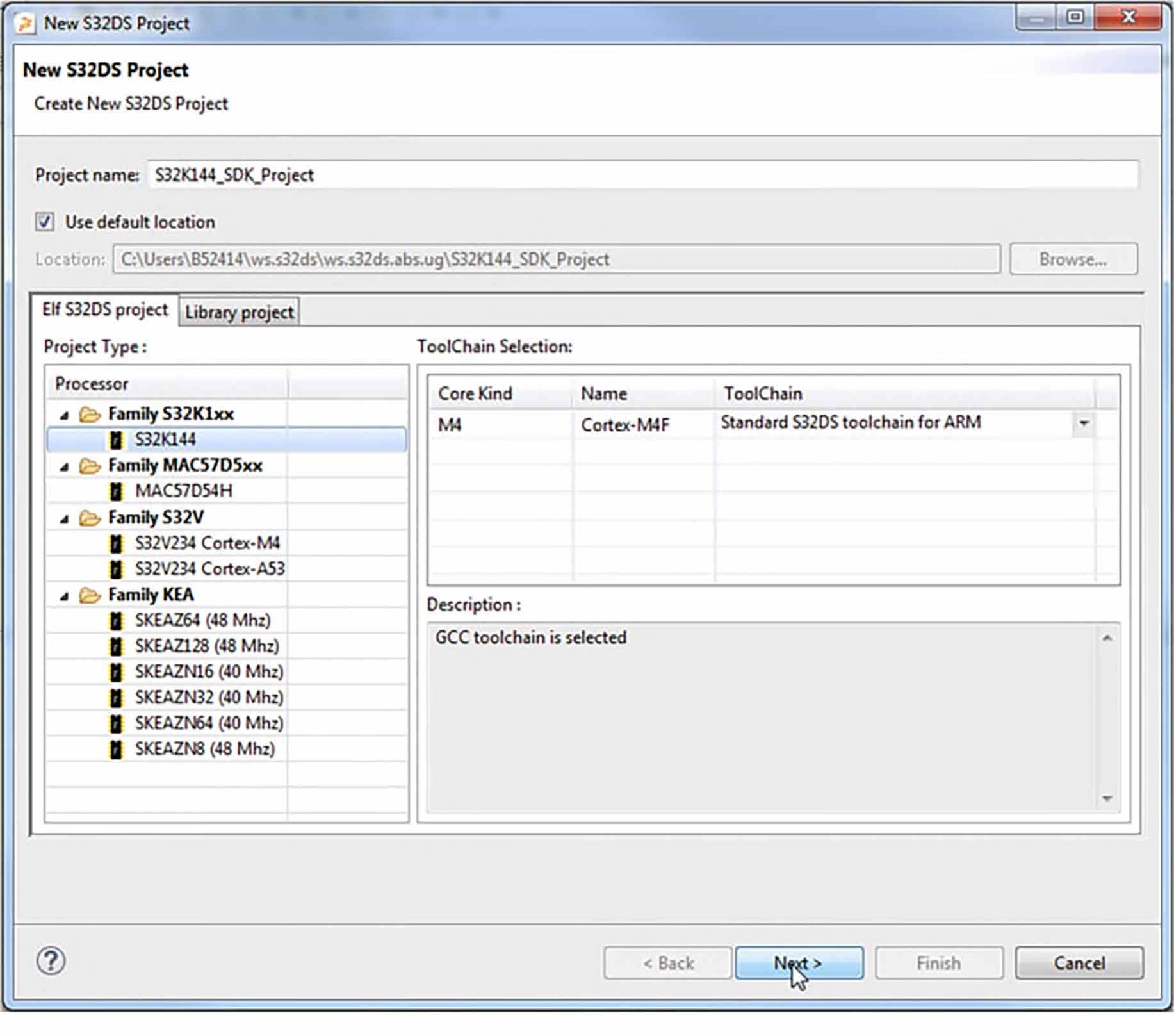 Figure 6. S32DS Project Name and MCU Board Selection
