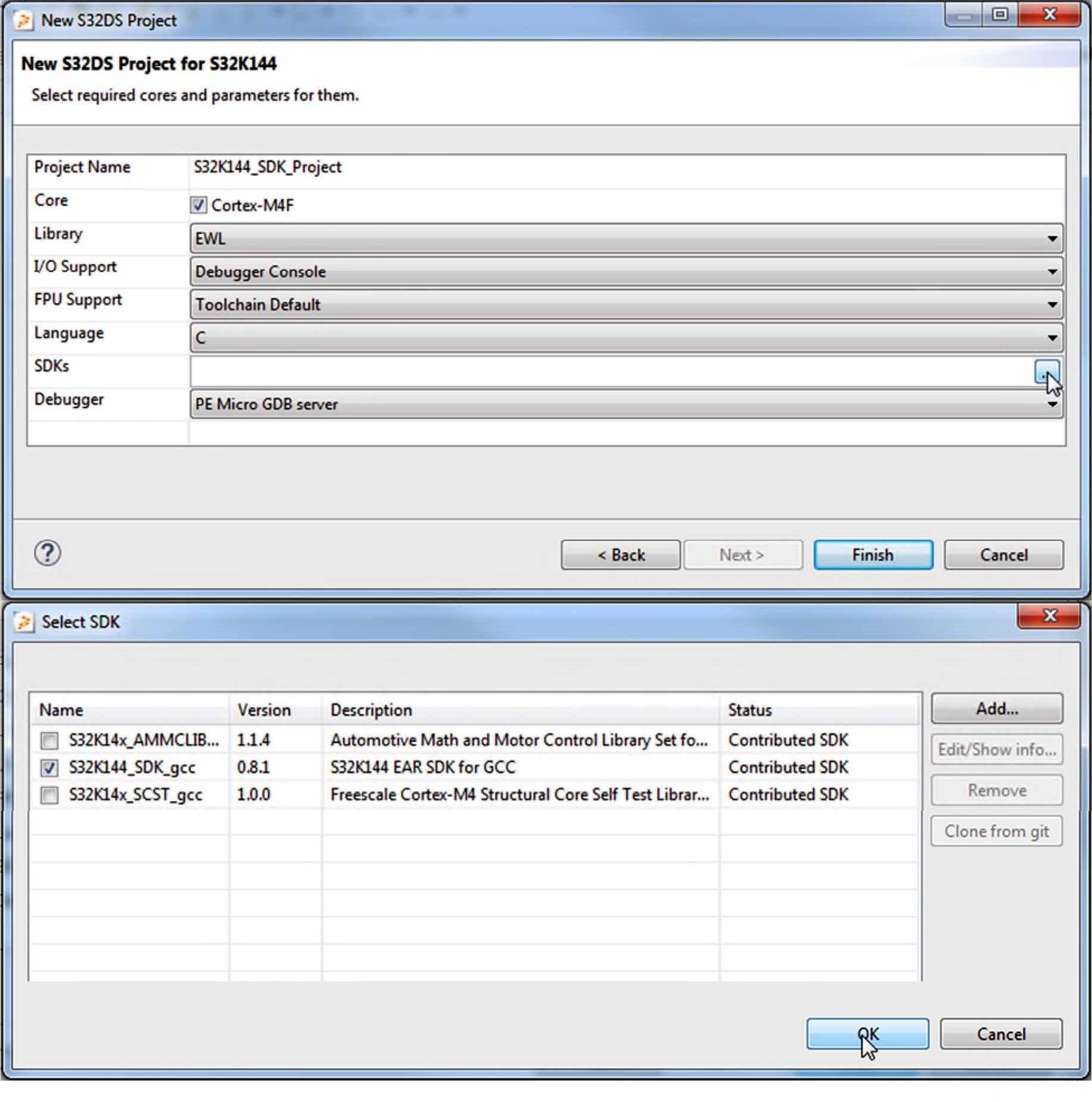 Figure 7. S32DS Project Settings and SDK Selection