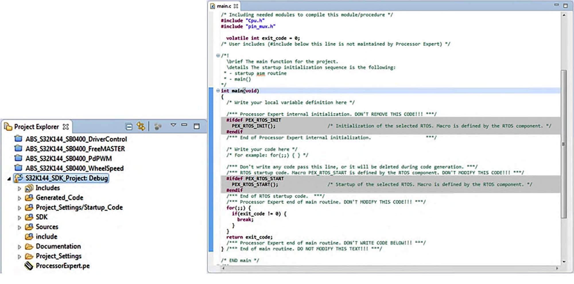Figure 8. Created S32DS Project in S32DS Project Explorer and main.c Template