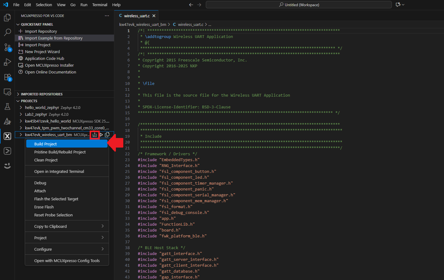 Build and flash application using MCUXpresso for VS Code IDE - step 6