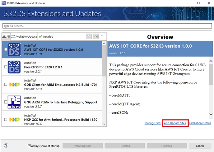 S32K3X4EVB-Q172 S32DS Add Update Sites