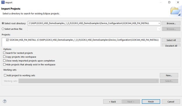 S32K3X4EVB-Q172 S32DS HSEFW Import Project